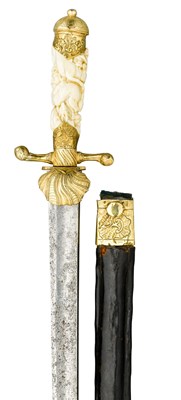Lot 166 - A GERMAN ROCOCO HUNTING-SWORD AND SCABBARD WITH EARLIER CARVED IVORY GRIP
