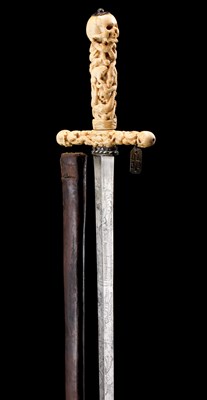 Lot 182 - A RARE GERMAN TOWN SWORD WITH FINELY CARVED IVORY MEMENTO MORI HILT, DATED 1656