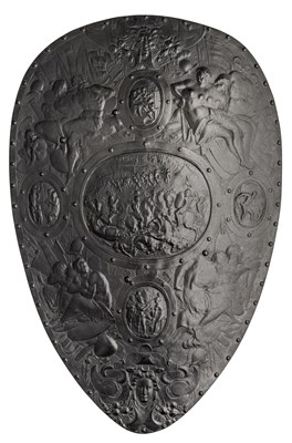 Lot 425 - A HIGH-QUALITY CAST OF THE CELEBRATED SHIELD FROM THE ARMERIA REALE, PRODUCED IN THE FACTORY OF THE COUNTS OF ILSENBURG AM HARTZ , CIRCA 1880-90 IN THE FRENCH STYLE OF CIRCA 1570