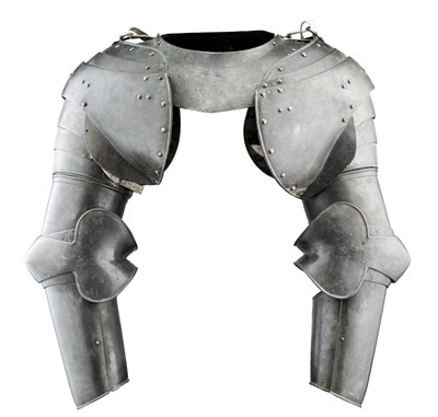 Lot 218 - A PAIR OF FULL ARM DEFENCES AND MATCHING GORGET FOR A GERMAN CUIRASSIER ARMOUR