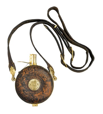 Lot 225 - A FINE GERMAN ROOTWOOD POWDER-FLASK AND SHOULDER-STRAP WITH FIRE-GILT BRASS MOUNTS