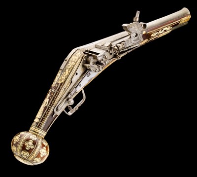 Lot 232 - A FINE AND VERY RARE TWO-SHOT SUPERIMPOSED-LOAD WHEEL-LOCK PISTOL