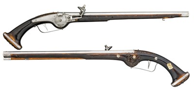 Lot 238 - TWO GERMAN OFFICER'S LONG WHEEL-LOCK HOLSTER PISTOLS