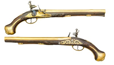 Lot 239 - A PAIR OF FLINTLOCK HOLSTER PISTOLS WITH BRASS BARRELS AND LOCKS