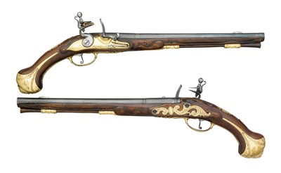 Lot 241 - A FINE PAIR OF WALLOON FLINTLOCK HOLSTER PISTOLS BY HENOUL