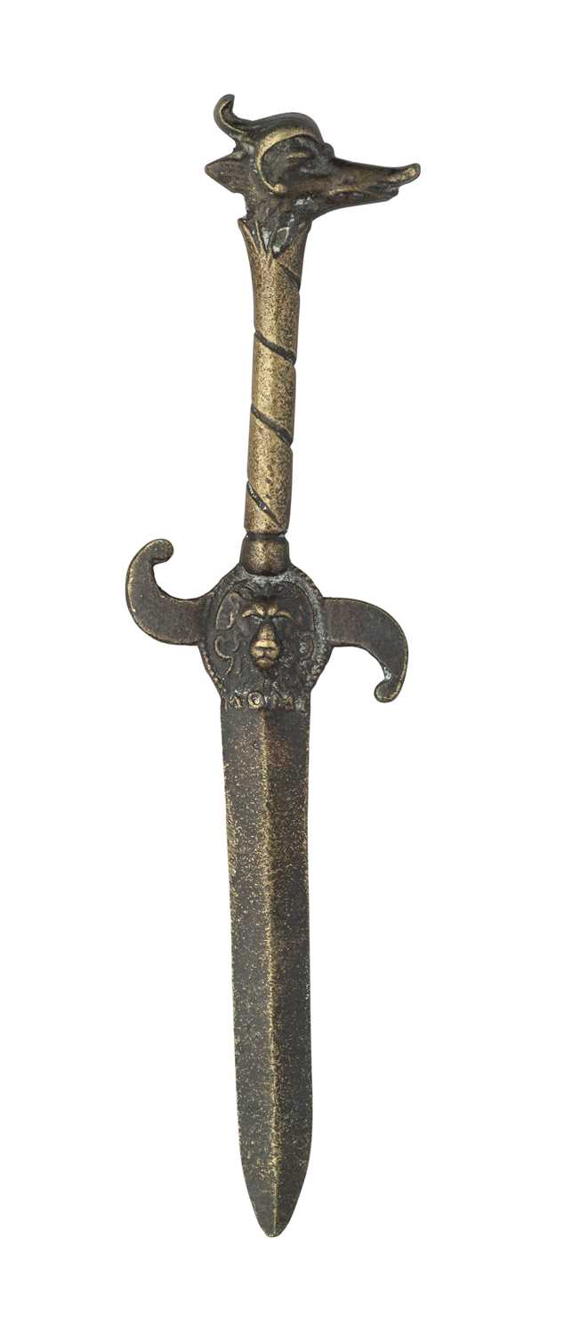 Lot 501 - A BRONZE DAGGER IN FANTASTIC MEDIEVAL STYLE,