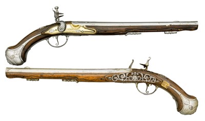 Lot 243 - A PAIR OF GERMAN LONG FLINTLOCK HOLSTER PISTOLS BY PICART A Ã–HRINGEN