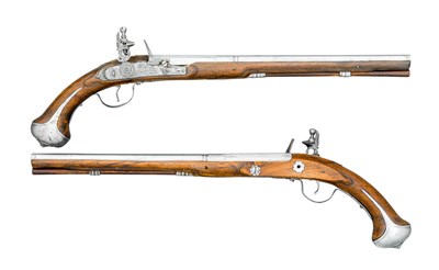 Lot 245 - A PAIR OF GERMAN LONG FLINTLOCK HOLSTER PISTOLS