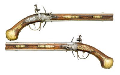 Lot 246 - A RARE PAIR OF GERMAN FLINTLOCK WENDER PISTOLS BY GEORG PETER FISCHER