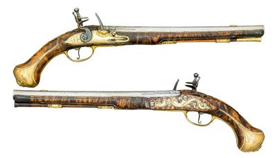 Lot 247 - A FINE PAIR OF GERMAN FLINTLOCK HOLSTER PISTOLS BY DEPAS A LANDAU