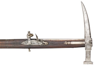 Lot 250 - A RARE COMBINED HAMMER AND FLINTLOCK PISTOL (FOKOS) ALSO FITTED WITH CONCEALED RAPIER BLADE