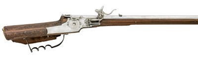Lot 278 - A RARE 80-BORE GERMAN WHEEL-LOCK SPORTING RIFLE STOCKED IN THE MANNER OF DER MEISTER DER TIERKOPFRAN