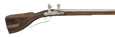 Lot 287 - AN UNUSUAL 24-BORE GERMAN RIFLE WITH EARLY FLINTLOCK MECHANISM OPERATING ON A TWO-PART LATERAL SEAR