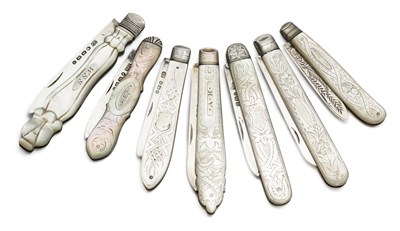 Lot 148 - SEVEN SILVER AND MOTHER-OF-PEARL FOLDING FRUIT KNIVES, VARIOUS MAKERS, SHEFFIELD OR BIRMINGHAM, 1857-1910