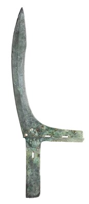 Lot 134 - A CHINESE BRONZE HALBERD, PROBABLY ZHOU DYNASTY OR EARLY WARRING STATES AND TWO SPEARHEADS