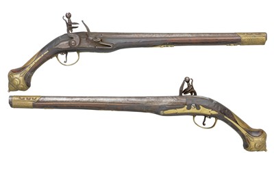 Lot 42 - A PAIR OF 15 BORE OTTOMAN FLINTLOCK HOLSTER PISTOLS, 19TH CENTURY, ALBANIA OR TURKEY