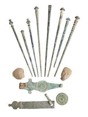 Lot 103 - **EIGHT BRONZE PINS AND TWO BRONZE BUCKLES