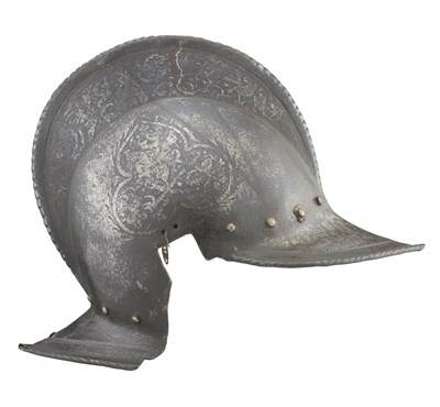 Lot 190 - **THE SKULL OF A NORTH ITALIAN BURGONET WITH ETCHED DECORATION