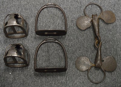 Lot 216 - TWO PAIRS OF STIRRUPS AND A HORSE BIT, 18TH/19TH CENTURY