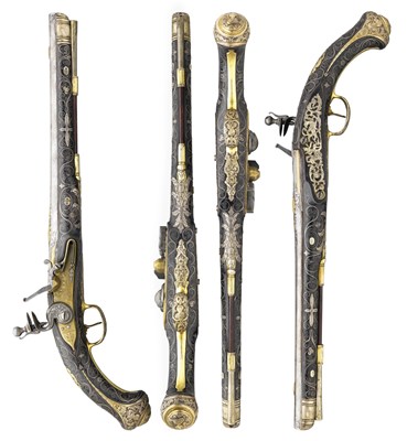 Lot 241 - **A FINE PAIR OF18 BORE DUTCH SILVER-MOUNTED FLINTLOCK LONG HOLSTER PISTOLS